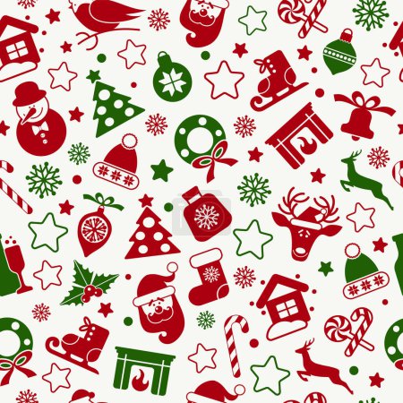 Illustration for Christmas and Happy New Year seamless pattern with Christmas toys and gifts. Trendy retro style. Vector design template. - Royalty Free Image