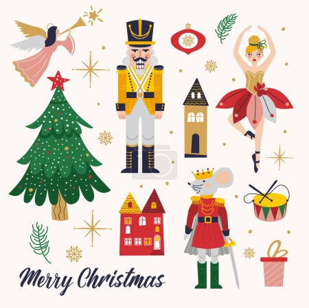 Téléchargez les illustrations : Joyeux Noël Carte avec Ballerine, Souris Roi et Casse-Noisette. - en licence libre de droit