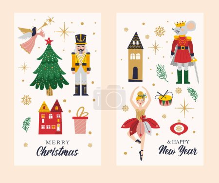 Téléchargez les illustrations : Merry Christmas Card with Ballerina, Mouse King and Nutcracker. - en licence libre de droit
