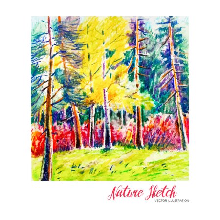 Ilustración de Sketch graphic, landscape, colored pencils. Vector illustration. Summer nature illustration Art background - Imagen libre de derechos