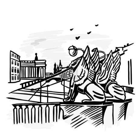 Téléchargez les illustrations : View of St. Petersburg on the bank bridge. Lions and streets. Sketch. - en licence libre de droit