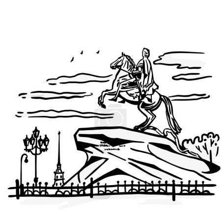 Ilustración de Vista de San Petersburgo en el monumento a Pedro el Grande y la fortaleza de Pedro y Pablo. Esbozo. - Imagen libre de derechos