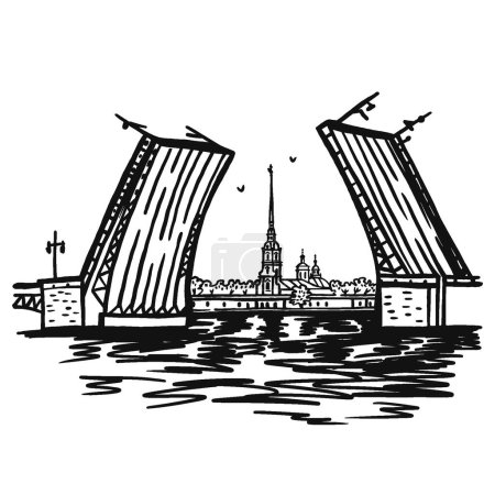 Ilustración de Puente levadizo en San Petersburgo con y de la fortaleza de Pedro y Pablo - Imagen libre de derechos