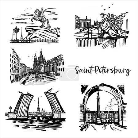 Foto de Un conjunto de puntos de vista de San Petersburgo Rusia. Bocetos gráficos. Arquitectura en blanco y negro - Imagen libre de derechos