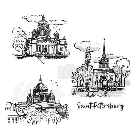 Téléchargez les illustrations : Un ensemble de vues de Saint-Pétersbourg Russie. Croquis graphiques. Architecture noir et blanc - en licence libre de droit