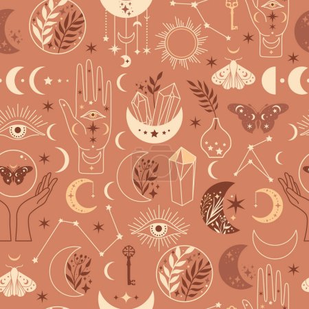 Illustration for Seamless pattern Mystical moon phases and woman hands and moth, alchemy esoteric magic space, vector isolated on beige background - Royalty Free Image