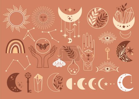 Illustration for Mystical moon phases and woman hands and moth, alchemy esoteric magic space, vector isolated - Royalty Free Image
