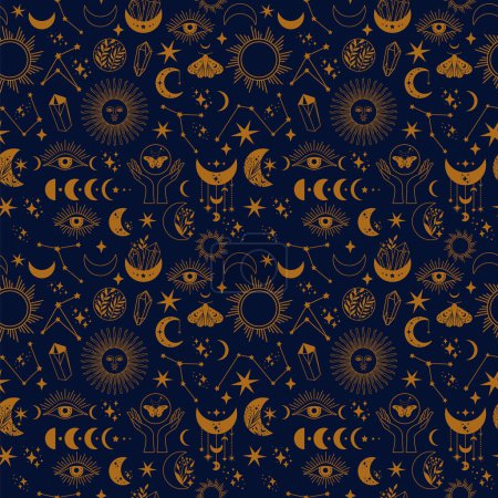 Patrón de espacio sin costuras sobre un fondo azul. Ilustración boho con luna, sol, libélulas, estrellas, fondos de pantalla para la astrología, tarot, esoterismo.