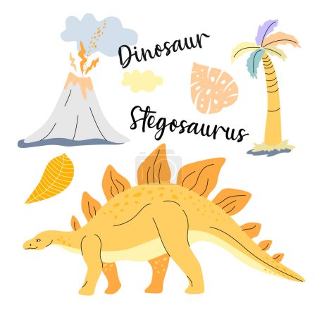 Illustration for Cute dinosaur drawn as vector on blue for kids fashion. Palm and volcano. - Royalty Free Image