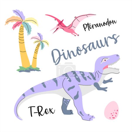 Téléchargez les photos : Dinosaure mignon dessiné comme vecteur sur bleu pour la mode des enfants. Palmier et volcan. - en image libre de droit