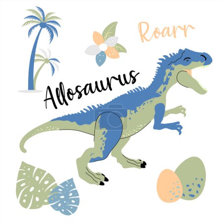 Téléchargez les photos : Dinosaure mignon dessiné comme vecteur sur bleu pour la mode des enfants. Palmier et volcan. - en image libre de droit