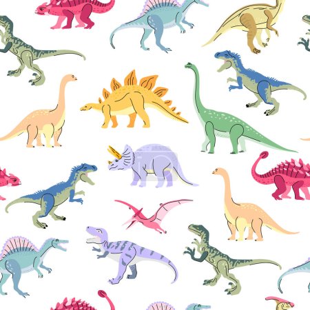 Ilustración de Conjunto de dinosaurios incluyendo T-rex, Brontosaurus, Triceratops, Velociraptor, Pteranodon, Allosaurus, etc. - Imagen libre de derechos