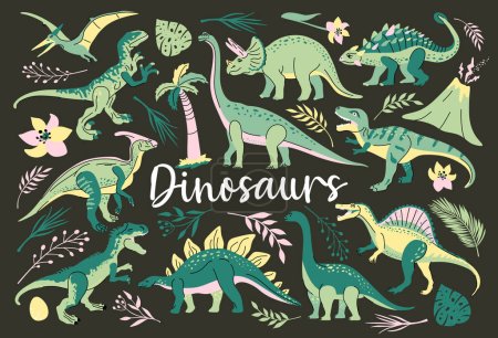 Illustration for Set of dinosaurs including T-rex, Brontosaurus, Triceratops, Velociraptor, Pteranodon, Allosaurus, etc Isolated on white - Royalty Free Image
