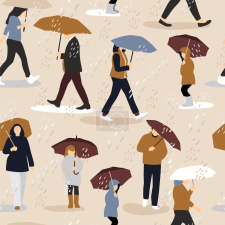 Téléchargez les photos : Illustration vectorielle des gens sous la pluie. Humeur d'automne. Style rétro tendance
. - en image libre de droit