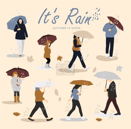 Téléchargez les photos : Illustration vectorielle des gens sous la pluie. Humeur d'automne. Style rétro tendance
. - en image libre de droit