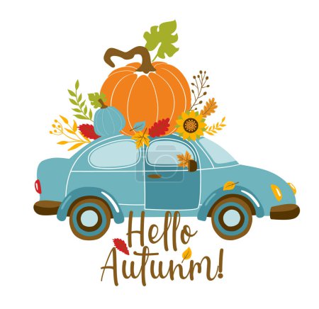 Téléchargez les photos : Carte de vœux d'automne vectorielle avec voiture et citrouille, feuilles tombantes et texte Bonjour automne . - en image libre de droit