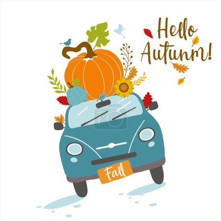 Tarjeta de felicitación de otoño vectorial con coche y calabaza, hojas caídas y texto Hello autumn .