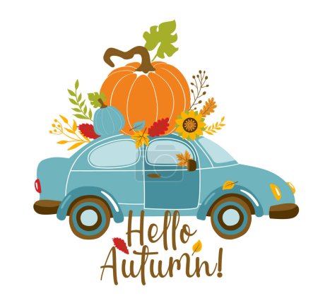 Téléchargez les photos : Carte de vœux d'automne vectorielle avec voiture et citrouille, feuilles tombantes et texte Bonjour automne . - en image libre de droit