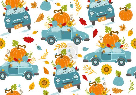 Foto de Tarjeta de felicitación de otoño vectorial con coche y calabaza, hojas caídas y texto Hello autumn . - Imagen libre de derechos