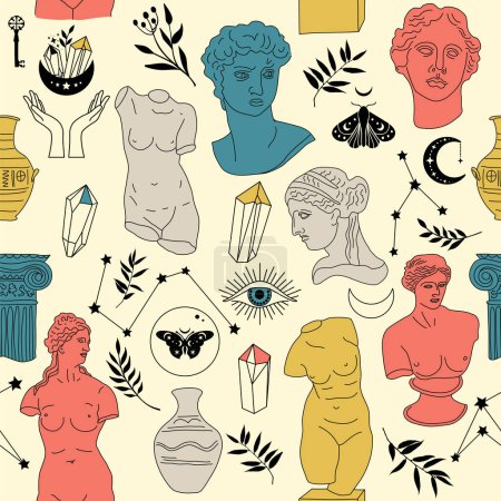 Téléchargez les photos : Sculpture grecque ancienne ensemble mystique. illustrations dessinées à la main - en image libre de droit