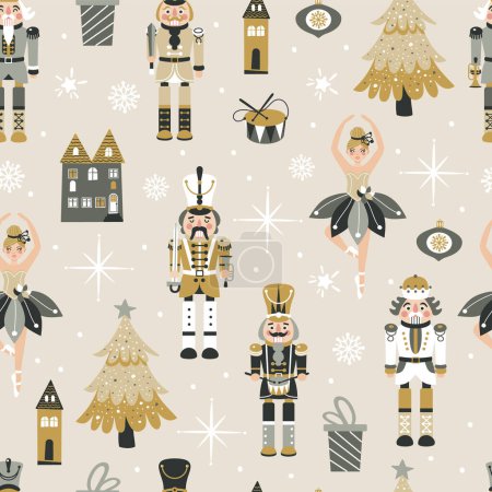 Seamless Christmas Pattern with Nutcrackers in Vector.