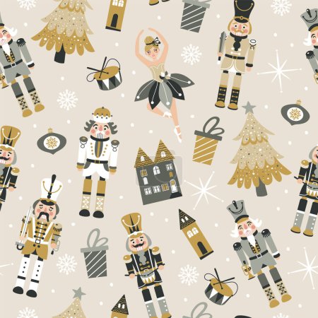 Seamless Christmas Pattern with Nutcrackers in Vector.