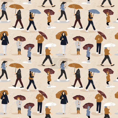 Illustration for Vector illustration of people in the rain. Autumn mood. Trendy retro style. - Royalty Free Image