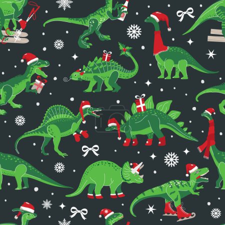 Téléchargez les photos : Arbre de Noël Dino Rex. Dinosaure en chapeau de Père Noël décore. Modèle sans couture vectoriel de caractère drôle - en image libre de droit