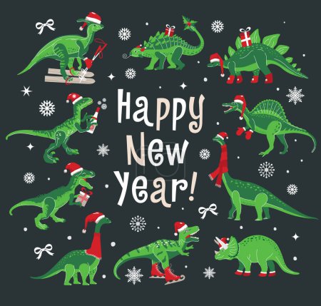 Illustration for Dino Christmas Party Happy New Year. Dinosaur in Santa hat decorates. Vector illustration of funny character - Royalty Free Image