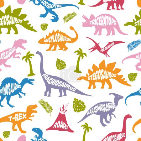 Illustration for Dinosaur seamless pattern. Hand drawn vector dinosaurs with background view. Pattern. - Royalty Free Image