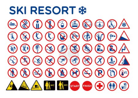 Eine Kollektion von Schildern für Skigebiete auf einem schlichten weißen Hintergrund mit verschiedenen Symbolen und Logos in einem einfachen und sauberen Design