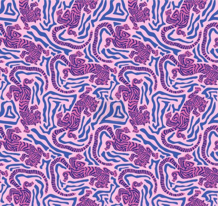 Ilustración de El diseño presenta un patrón sin costuras de líneas eléctricas azules y púrpuras colocadas sobre un fondo rosa, adecuado para creaciones textiles y de artes visuales. - Imagen libre de derechos