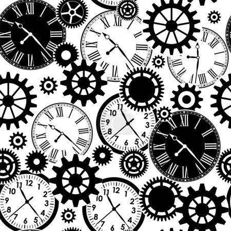 A black and white pattern featuring gears and clocks on a white background, ideal for textile designs, illustrations, and art motifs with symmetry and monochrome aesthetics
