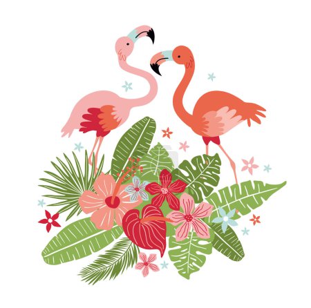Rahmen mit rosa Flamingos und tropischen Pflanzen, Vorlage für Banner, Karten, Einladungskarten, Verkauf