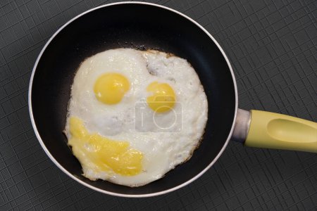 Photo for Three fried eggs forming a face in a non-stick frying pan. Dark textured background. Tabletop view. - Royalty Free Image