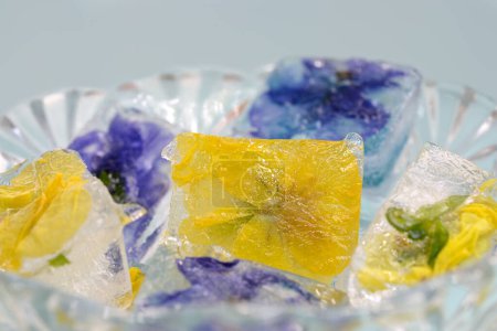 Edible colorful flowers frozen in ice cubes placed in a crystal bowl.