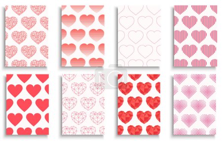 Sammlung romantischer Poster, Grußkarten, Einladungen, Banner, Covers, Flyer mit Herzaufdrucken und Mustern. Postkarten vom 14. Februar - stylisches geometrisches Design.