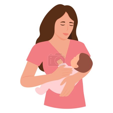 Ilustración de Linda madre con un recién nacido. Mamá sostiene al bebé en sus brazos. Día de las madres. Ilustración vectorial en estilo plano. - Imagen libre de derechos