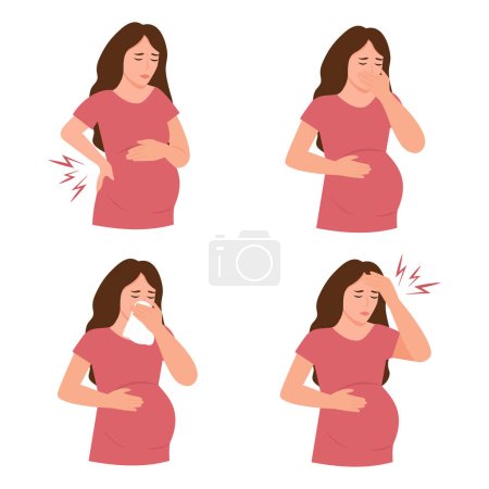 .Schwangerschaftssymptome. Verschiedene Arten von Beschwerden während der Schwangerschaft. Schwangere Frauen leiden. Vektorillustration