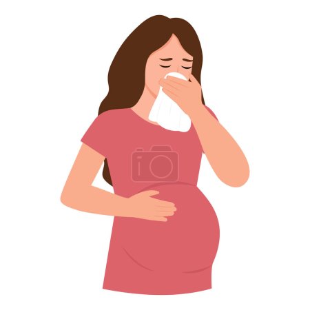 Illustration for Pregnant woman  blowing nose into tissue, sneezing. Season allergy.Prevention against virus, infection.Vector illustration. - Royalty Free Image