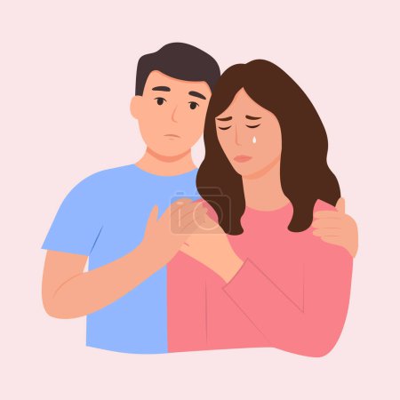 Illustration for Young man comforting her crying best friend. Woman consoling and care about sad, depressed girlfriend. Help and support concept. Vector illustration - Royalty Free Image