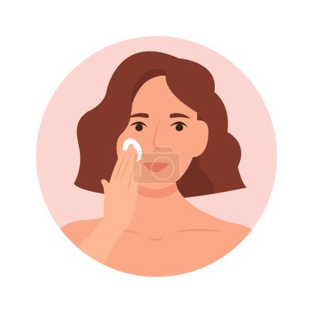 Téléchargez les illustrations : A beautiful young woman removes her make-up with a cotton pad. Girl cleans and wipes face skin.Vector illustration. - en licence libre de droit