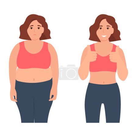 Vor und nach der Gewichtsabnahme. Junge traurige Frau mit Übergewicht und dieselbe glückliche Frau mit schlankem Körper. Vektorillustration