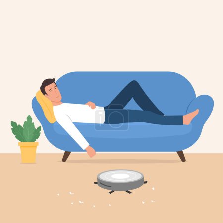 Man sleeping on the couch, robot vacuum cleaner works. Modern wireless equipment for cleaning the apartment.Cleaning concept.Vector illustration