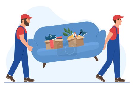 Illustration for Moving service.  Movers carry a sofa.  Workers Wearing Uniform Carry Furniture. Delivery and relocation service concept. Vector Illustration - Royalty Free Image