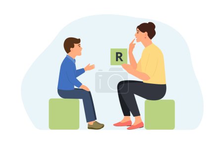 Illustration for Speech therapist showing letter to little boy with disorder.Speech disorders in children.Proper articulation therapy . Vector illustratio - Royalty Free Image