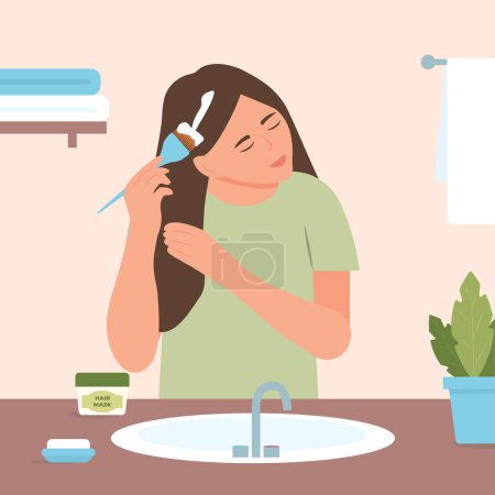 Illustration for Woman applies haircare product, mask,moisturizer cream. Girl takes care about her hair, doing home spa procedure. Hair treatment.Vector illustration - Royalty Free Image