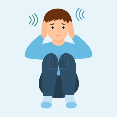 Illustration for Autism. Boy closing and plugging ears with hands.Kid sensitive to loud sounds. Early signs of autism syndrome in children.  Vector flat illustration - Royalty Free Image
