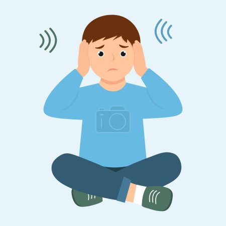 Illustration for Autism. Boy closing and plugging ears with hands.Kid sensitive to loud sounds. Early signs of autism syndrome in children.  Vector flat illustration - Royalty Free Image