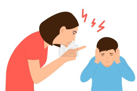 Ilustración de Madre regañando a su hijo molesto. Mamá gritándole al niño, el niño tiene miedo y cierra los oídos con las manos.Pelea de padres e hijos. Ilustración vectorial - Imagen libre de derechos